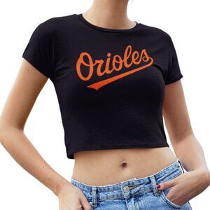 NEW Baltimore Orioles Script Team Color Pop Form Fit Crop Top Shirt BLACK